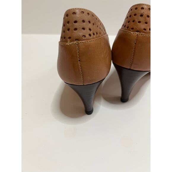 Glorius Brazilian leather peep toe pump 8 2 3/4" wooden heel Classic Luggage tan - Picture 2 of 7